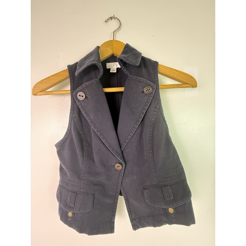 Ann Taylor LOFT Utility Vest Womens 2 Navy Cotton Safari Military Cargo Jacket